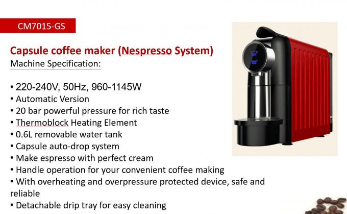 مخزن قابل حمل 20 بار Nespresso Capsule Machine 0.6L 1